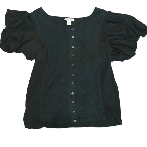 Just Cruising Women's Black Flutter Sleeve Boho Button-up Blouse One Size Beachy - Picture 1 of 8